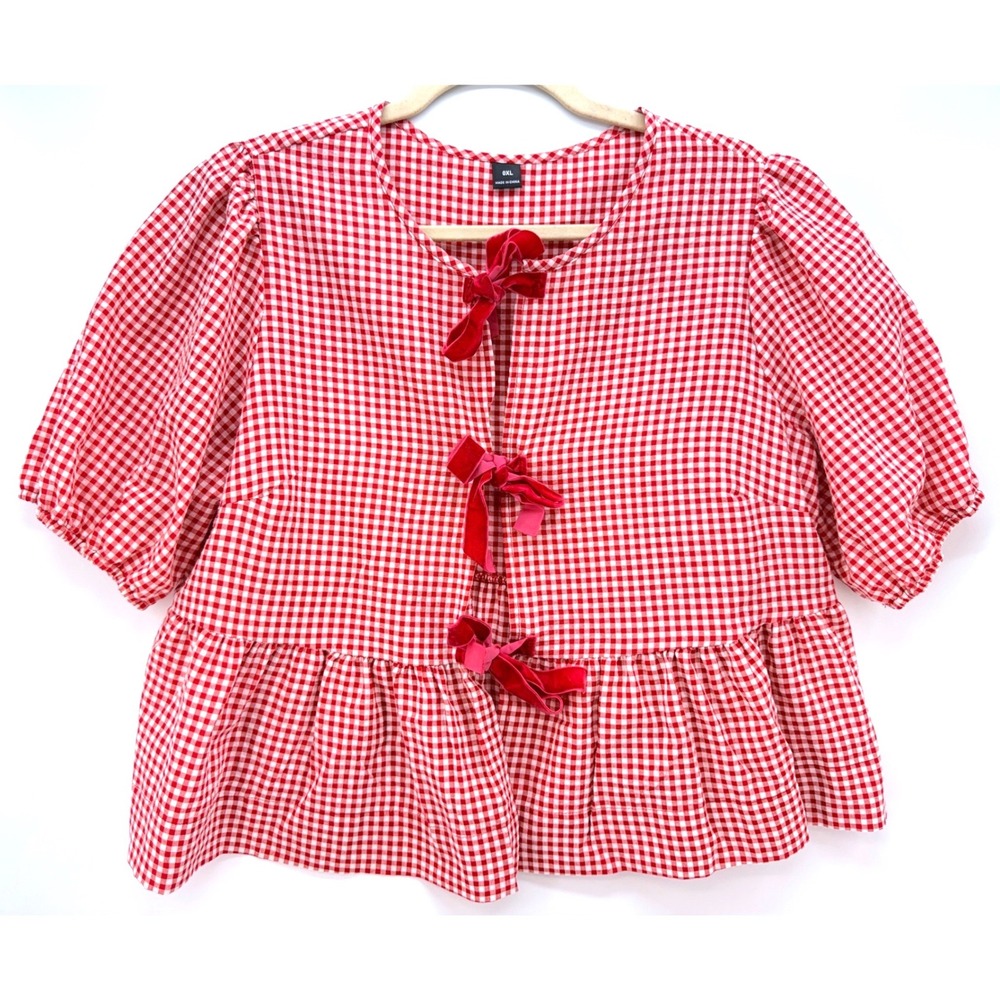 Gingham Puff Sleeve Tie Front Peplum Blouse Sz OXL Cottagecore Coquette Picnic
